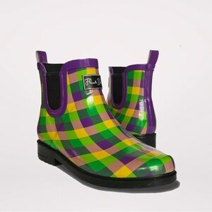 Mardi Gras Plaid Rain Boots - Green, Purple, Yellow